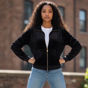 Escada Elegant sport jacket, Black Plush Velvet With gold zipper and Pockets L